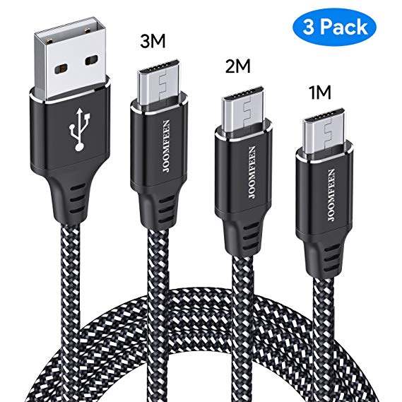 Micro USB Cable, JOOMFEEN [3Pack 1M/2M/3M]High Speed USB 2.0 Samsung Charger Cable Nylon Braided Fast Charger and Sync Android Charger Cable for Samsung Galaxy S6/S7/S4/S3,Kindle,Tablet,Nexus,HTC, LG,PS4 (Black/Silver)