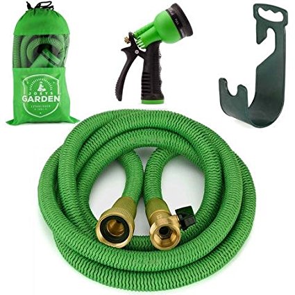 Expanding Garden Hose - 25 Foot Green - Extra Strength Stretch Material with Brass Connectors - Bonus 8 Way Spray Nozzle, Carrying Bag and Hanger - by Joeys Garden