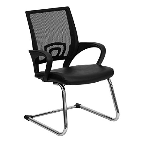 Flash Furniture CP-D119A01-BK-GG Black Leather Office Side Chair with Black Mesh Back/Sled Base