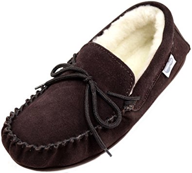 Snugrugs Men's Suede Sheepskin Moccasin Slippers With Rubber Sole