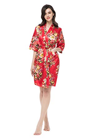 gusuqing Women's Printing Floral Kimono Robe Short Bridesmaid Robe with Pockets