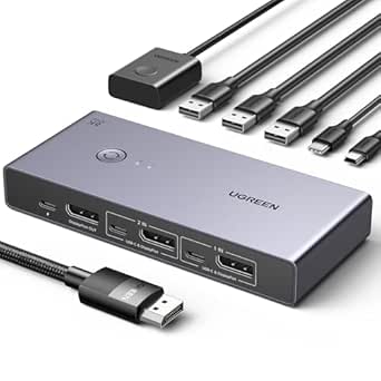 UGREEN Switch KVM Displayport 8K 60Hz 2 In 1 Out Commutateur KVM DP 1.4 4K 240Hz 1 Port USB C 3 Ports USB A pour Clavier Souris Disque Dur Imprimante Moniteur avec Contrôleur de Bureau 2 Câbles DP 1M