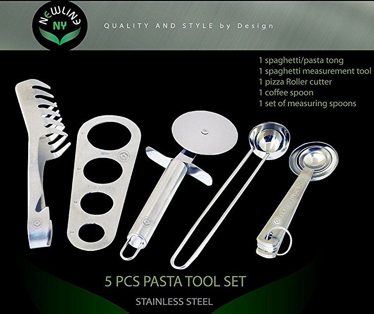 NewlineNY Stainless Steel 5 Pcs Pasta Tool Set: 1 Pasta Multipurpose Tong, 1 Spaghetti Measurement Tool, 1 Pizza Roller/Cutter, 1 Coffe Spoon, 1 Set Measuring Spoons