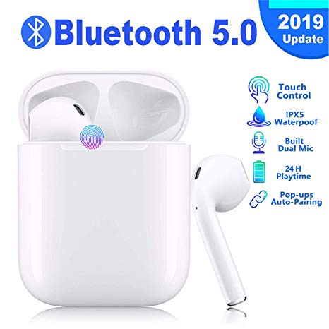 Bluetooth 5.0 Wireless Earbuds with【24Hrs Charging Case】 Waterproof TWS Stereo Headphones in-Ear Built-in Mic Headset Premium Sound with Deep Bass for Sport Earphones Apple Airpods Headphones