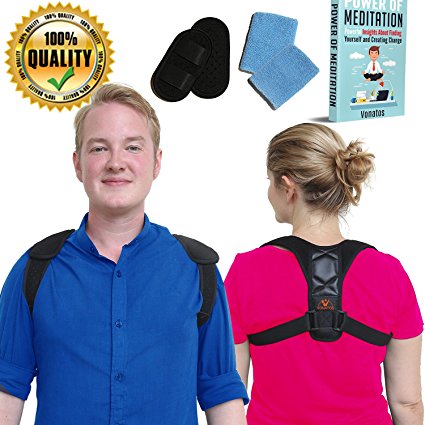 Upper Back Support Posture Corrector for Women and Men by VONATOS - Breathable, Sweat Wicking Clavicle Brace Fixes Bad Shoulder Alignment at Work   Bonus Wrist Bands and eBook on Improving Lifestyle
