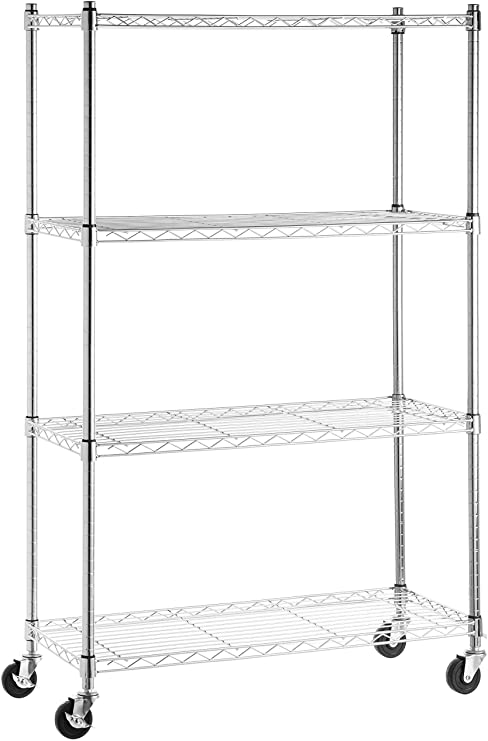 AmazonBasics 4-Shelf Shelving Storage Unit on 3'' Wheel Casters, Metal Organizer Wire Rack, Chrome Silver