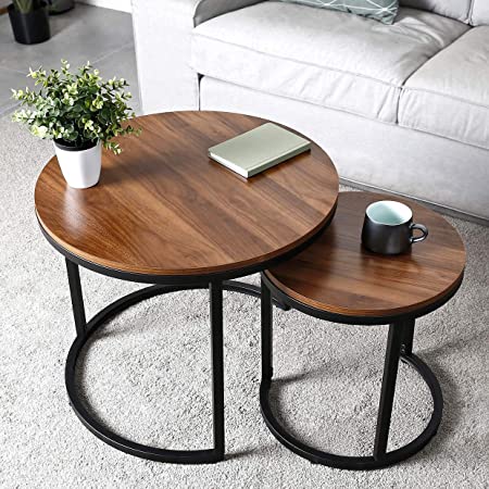 amzdeal Coffee Table for Living Room, Set of 2 Nesting Side Coffee Tables, Stable and Easy Assembly, Wood Tabletop with Metal Frame - Large : Φ 23.6×19.7 inch, Small : Φ 15.7×16.3 inch