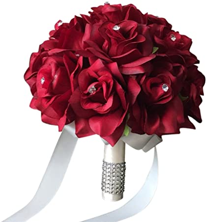 9" Wedding Bouquet - Apple Red Open Roses with Rhinestone and Bling Decor(Ivory Ribbon)