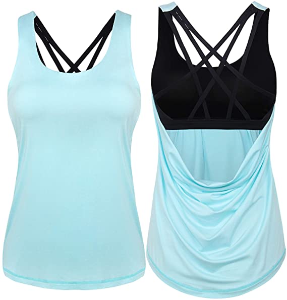 INIBUD Workout Tops for Women Strappy Activewear Clothes Built in Bra Tank for Yoga
