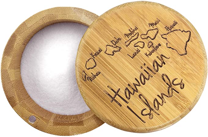 Totally Bamboo Salt Box, Bamboo Storage Box with Magnetic Swivel Lid, Hawaiian Islands Engraved on Lid