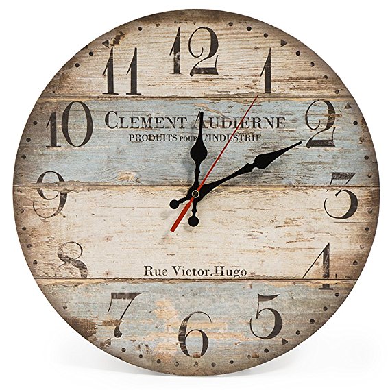 LOHAS Home 12 Inch Silent Vintage Design Wooden Round Wall Clock, Arabic Numerals,Vintage Rustic Shabby Chic Style,Blue and Brown Multi Bars,Wooden Round Home Decoration Wall Clock(Victor Hugo)