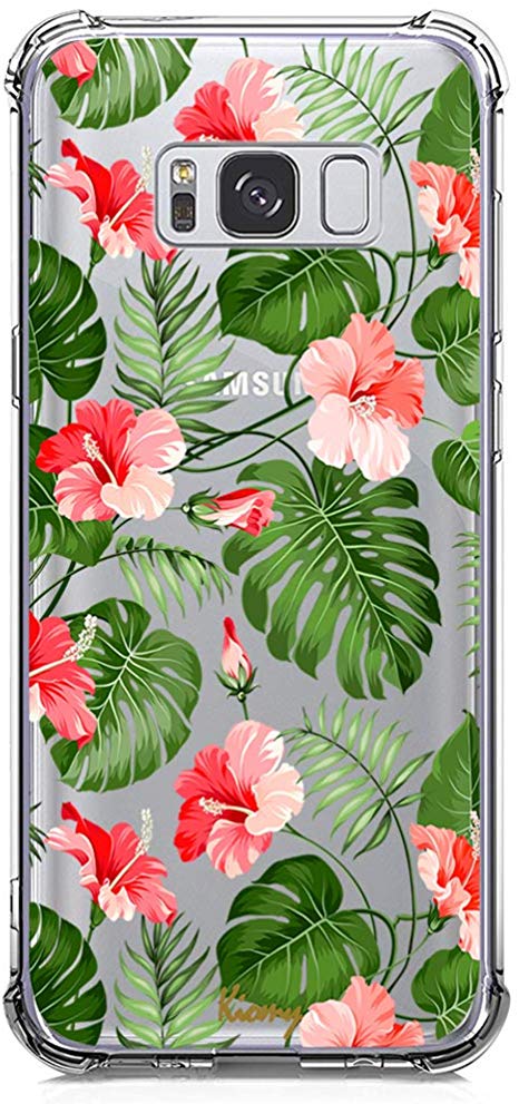 Galaxy S8 Plus Case for Girls Clear with Tropical Flower Design Shockproof Bumper Protective Cases for Samsung Galaxy S8 Plus S8   Flexible Silicone Slim Fit Palm Tree Leaf Floral Rubber Cover Women