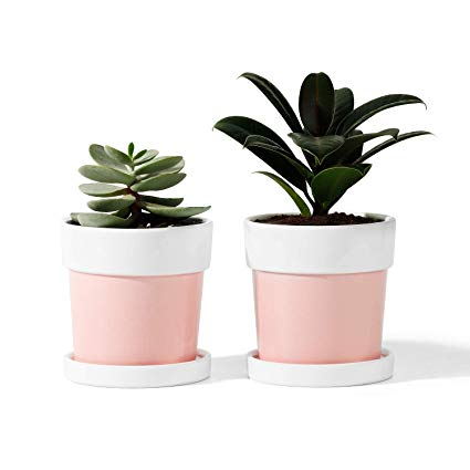 POTEY Plant Flower Pot Ceramic Planters - 3.9" Round Container Indoot Garden Glazed Container Colorful with Drainage Hole Saucer - Set of 2, Light Pink