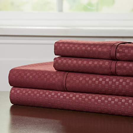 Brushed Microfiber Sheets Set- 4 Piece Hypoallergenic Bed Linens with Deep Pocket Fitted Sheet and Embossed Design by Lavish Home (Burgundy, Full)