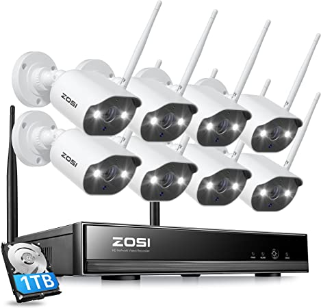 ZOSI W4 Home Mesh WiFi 8CH Wireless Outdoor Security Camera System with 1TB Hard Drive,H.265  1080P 8CH NVR,8pcs 2MP Wi-Fi IP Camera,Color Night Vision,Light&Siren Alarm,Human Detection,Two Way Audio