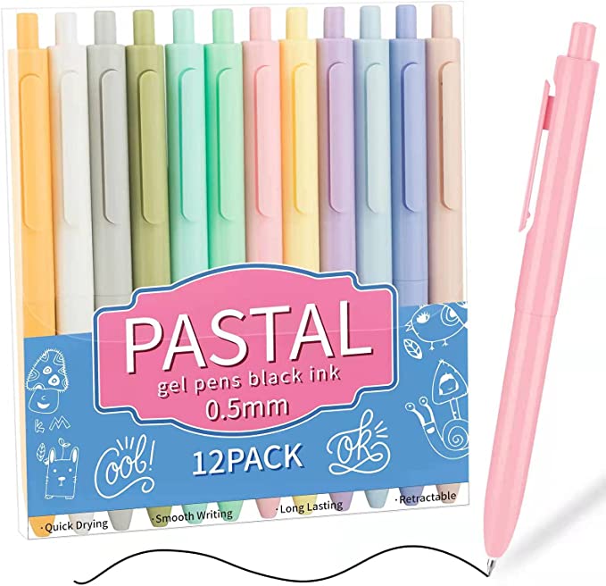12 Pastel Retractable Gel Pens,Cute Pens，0.5mm Black Ink Pens aesthetic,school supplies cute stationary For Home Office