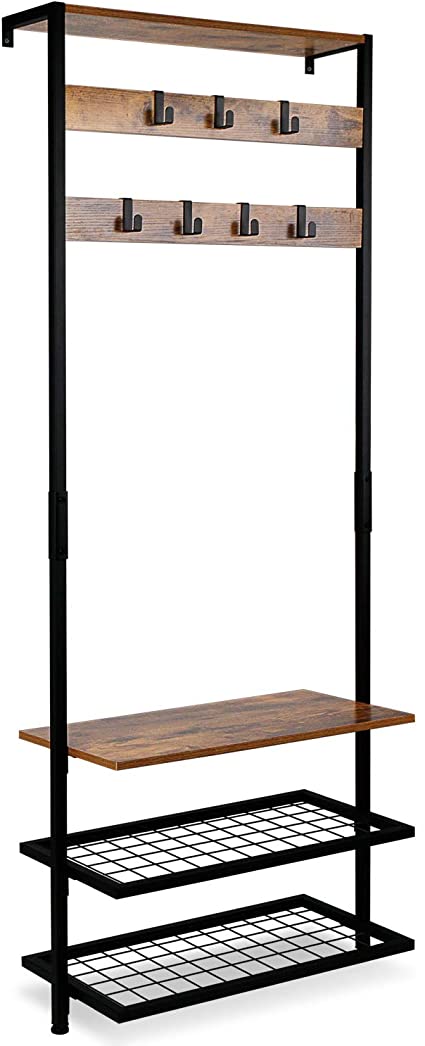 Leopard Hall Tree, Entryway Coat Rack, Against the Wall Narrow Hall Trees with Shoe Racks, Storage Shelf Organizer, Accent Furniture with Metal Frame, Rustic Brown