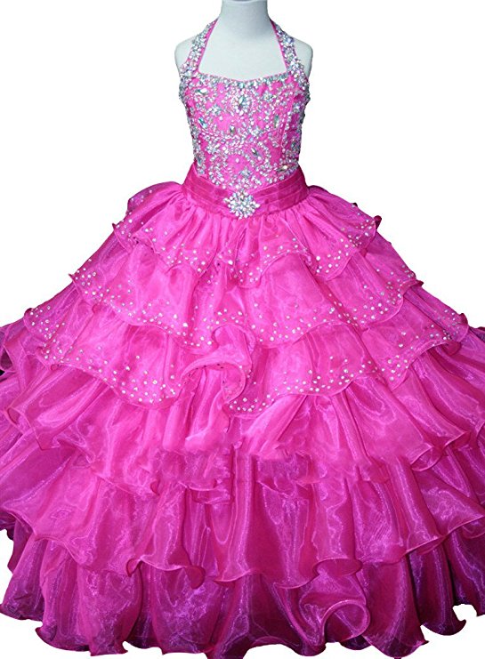 Hong Girls' Shiny Halter Beaded Ball Gowns Crystals Long Pageant Dresses