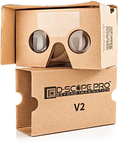 Google Cardboard V2 with Straps by D-scope Pro Virtual Reality Compatible with Android Apple Up to 6 Inch Easy Setup Machine Cut Quality Construction 37mm Lenses HD Visual Experience Includes QR Codes