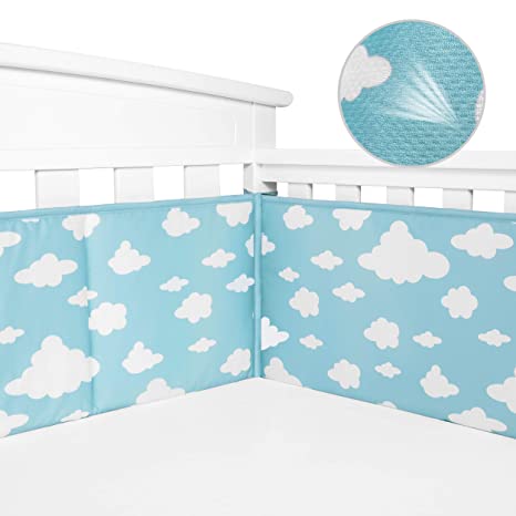 TILLYOU Breathable Baby Crib Bumper Pads for Standard Cribs (52"x28") Crib Liner 4-Pieces Cloud