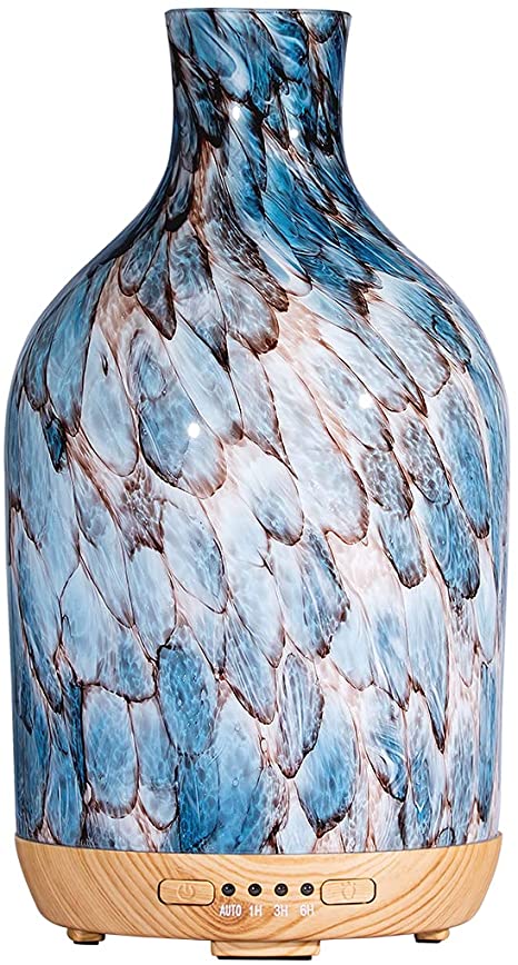 COOSA 250ML Essential Oil Diffuser,Art Glass Cool Mist Humidifier Ultrasonic Aromatherapy Diffuser with 4 Timer,2 LED Colors and Waterless Auto Shut-Off Settings,Decoration for Home,Office（Blue）