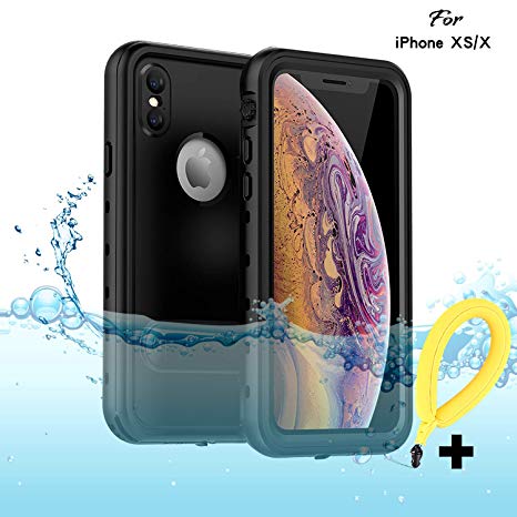 iPhone X Waterproof Case, BDIG Full Sealed IP68 Shockproof Snowproof Dustproof Protection Case Support Screen Protector Case for Apple iPhone X / 10 (Black with Kickstand & floating strap)