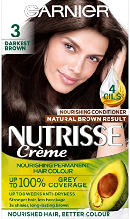 Garnier Nutrisse Dark Brown Hair Dye Permanent, Up to 100% Grey Hair Coverage, with 4 Oils Conditioner - 3.0 Darkest Brown