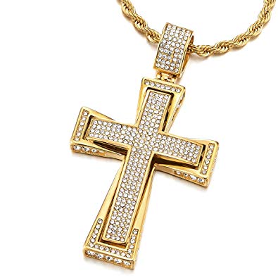 COOLSTEELANDBEYOND Mens Womens Large Steel Cross Pendant Necklace with Cubic Zirconia and 30 inches Wheat Chain