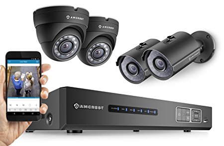 Amcrest HD 720P 4CH Video Security System - Four 1280TVL 1.0-Megapixel Weatherproof IP66 Dome and Bullet Cameras, 65ft IR LED Night Vision, 1TB HDD, HD Over Analog/BNC, Smartphone View (Black)