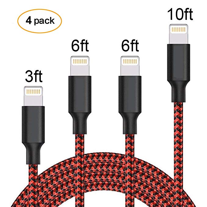 DeFitch Cable (4 Packs: 3FTx1  6FTx2 10FTx1) Nylon Extend Braided USB Charging Cable with Aluminum Connector Compatible iPhone Xs/Xs Max/X/XR 8 7 6S 6 Plus,iPad 2 3 4 Mini, iPad Pro Air,[Red Black]