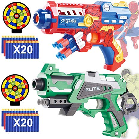 POKONBOY Foam Dart Gun Toy Gun - 2 Sets Super Hero Toy Guns with 40 Pack Refill Foam Bullet Darts and 2 Targets
