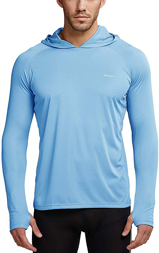 MOCOLY Men's UPF 50  Sun Protection Hoodie Long Sleeve Outdoor Running Performance T-Shirt with Thumbholes