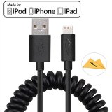 Apple MFi Certified Yellowknife 33ft 1m Durable Portable Travel Flexible Spring Coiled Cable Lightning USB Sync Charging Cord for Apple iPhone 6  6 Plus  6s  6s Plus iPhone 5s  5c  5 iPad Mini 2  3 iPad 4  Air iPod touch 5th gen nano 7th gen with OAproda Wipe Cloth Extra Strong Black