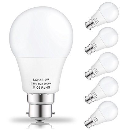 (5 Pack)LOHAS 9Watt A60 B22 LED Bulbs, 60Watt Incandescent Bulbs Equivalent, Day White 6000K, 810lm, Non Dimmable, Bayonet LED Light Bulbs