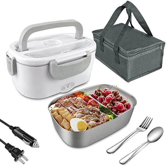 MIXIGOO Electric Lunch Box Food Heater, 2-In-1 Portable Food Warmer Lunch Box for Car & Home Leak proof, 2 Compartments, Removable 304 Stainless Steel Container, SS fork & spoon and Carry Bag