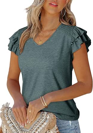 Dokotoo Women's Casual Ruffle Short Sleeve Tops Cute Solid Color Knit Ribbed T Shirts Blouses