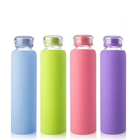 MIU COLOR Glass Juice Water Bottle 450ml with Silicone Sleeve Reusable Leak Proof Borosilicate BPA Free Eco-friendly Clear Hydration Drinking Flask for Sports Gym Camping Hiking