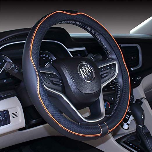 2019 New Micro Fiber Leather Car Steering wheel Cover 15 inches (Black Orange)