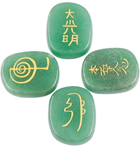 rockcloud Healing Crystal Green Aventurine 4pcs Engraved Chakra Stones Palm Stone Reiki Balancing