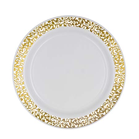 Party Essentials 24 Count Hard Plastic 7.5" Divine Dinnerware Disposable China Salad/Dessert Plates with Lace Rim, White/Gold