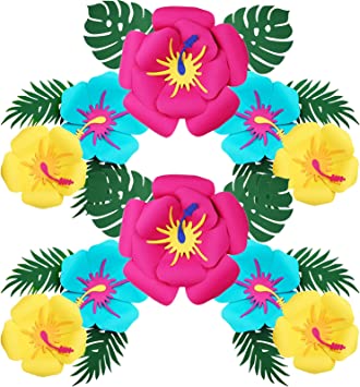 22 Pieces Hawaiian Hibiscus Decorations Luau Hibiscus and Tropical Leaves Multi-Colored Hibiscus Flowers Simulation Artificial Leaf Paper Flower Decoration for Aloha Party