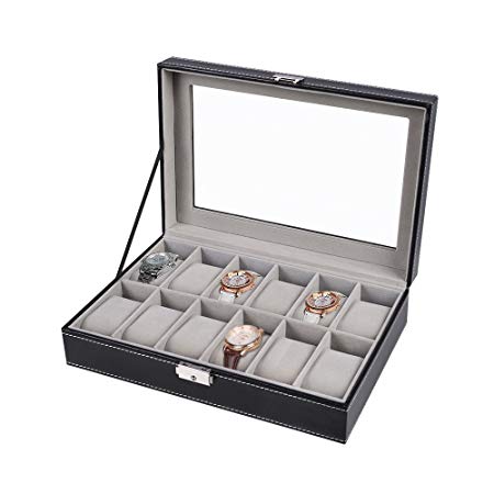 AWinEur Watch Box - Glass Lid 12 Slots Watch Jewellery Display Storage Box Case Bracelet Tray Faux Leather Black