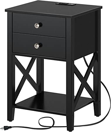 Rolanstar Nightstand with Charging Station, Night Stand with 2 Drawers, 2 AC and USB Power Outlets, Accent Bed Side Table with Storage Shelf for Bedroom, Black