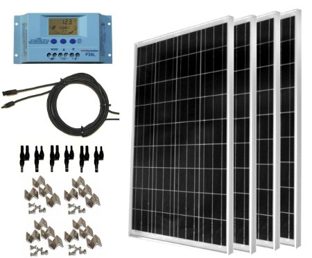 WindyNation 400 Watt Solar Kit: 4pcs 100 Watt Solar Panels   30A P30L LCD PWM Charge Controller   Mounting Hardware   40ft Cable   MC4 Connectors. RV's, Boats, Cabins, Camping Off-Grid