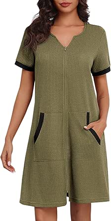 Ekouaer Women Zipper Robe Waffle Short Sleeve Bathrobes Lightweight Knee Length Housecoat with Pockets S-3XL