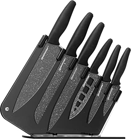 Nutriblade Knife Set with Block by Granitestone 6-Piece Professional Kitchen Chef’s Knives Ultra Sharp Stainless Steel Blades and Nonstick Granite Coating, Easy-Grip and Dishwasher-safe, Black