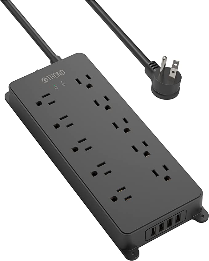 TROND Power Strip Surge Protector with USB, 10 Widely-Spaced Outlets, 4 USB Charging Ports, 4000 Joules, 1875W, 5ft Extension Cord, Flat Plug, Wall Mountable, Black