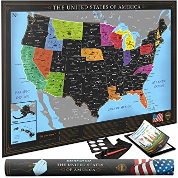 Premium Scratch Off USA Map | Black Personalized Wall Map Poster | Deluxe Gift for Travelers & Travel Tracking | BONUS Adhesive Stickers   Scratching Tool   Wiping Cloth   Traveling eBook