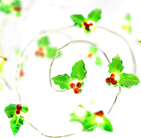 Christmas Holly Berry String Light 10 Feet 30 LED 8 Light Modes Xmas Leaf String Led Light Garland Battery Operated Led Christmas Tree Ornament for Christmas Garland Winter Party Wedding DIY Home