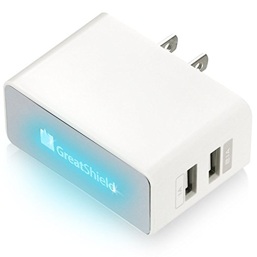GreatShield [US Adapter Plug 2 pin Type G] - Dual USB Ports Travel/Home Wall Power Charger with LED Indicator (AC 100-240V 1A/2.1A) for Apple iPad, iPod, iPhone and Android Smartphone, Tablet - White